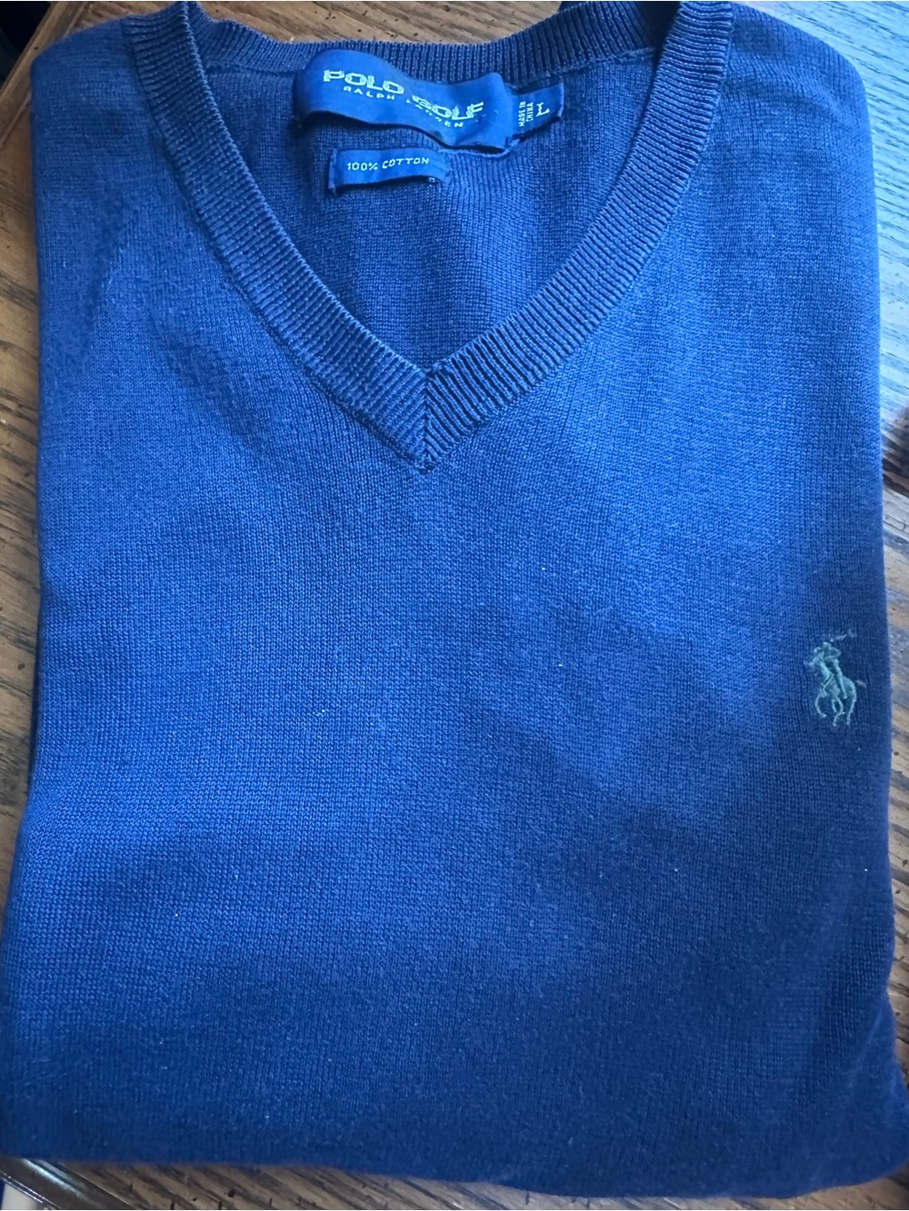 Ralph Lauren 100% Cotton Sweater V-Neck Mens L Navy Blue Long Sleeve